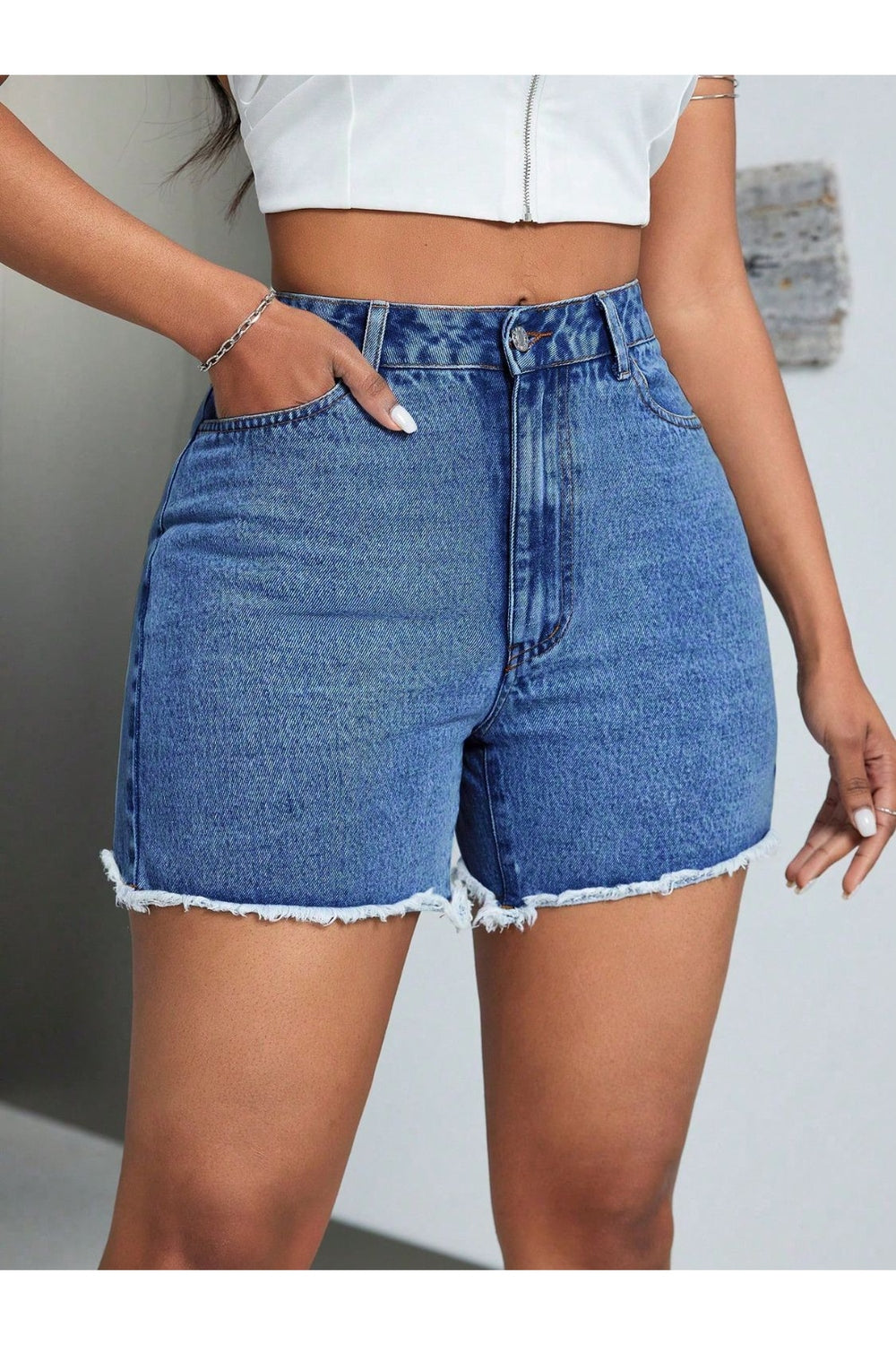 Raw Hem High Waist Denim Shorts - Denim Shorts - FITGGINS