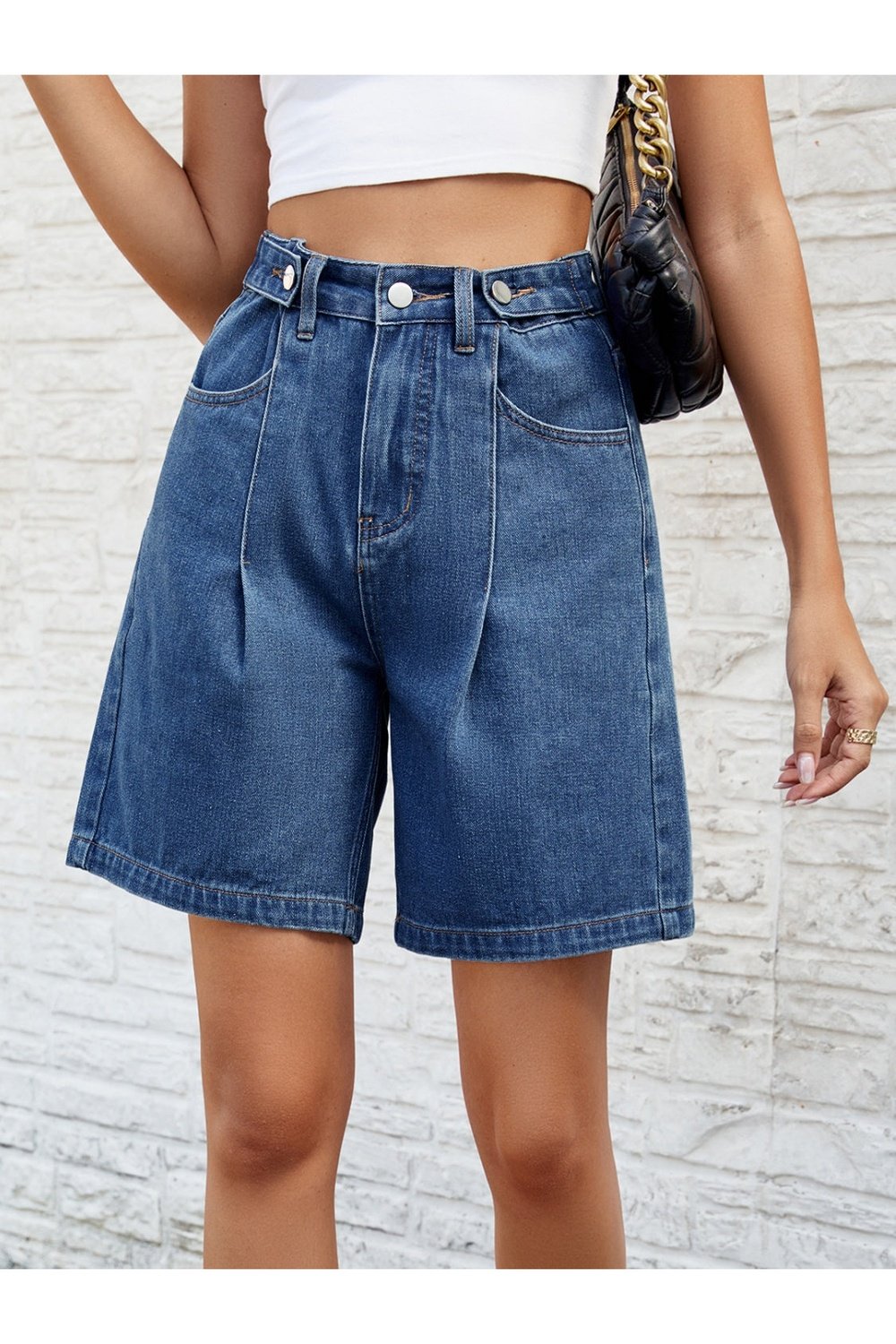 High Waist Denim Shorts with Pockets - Denim Shorts - FITGGINS