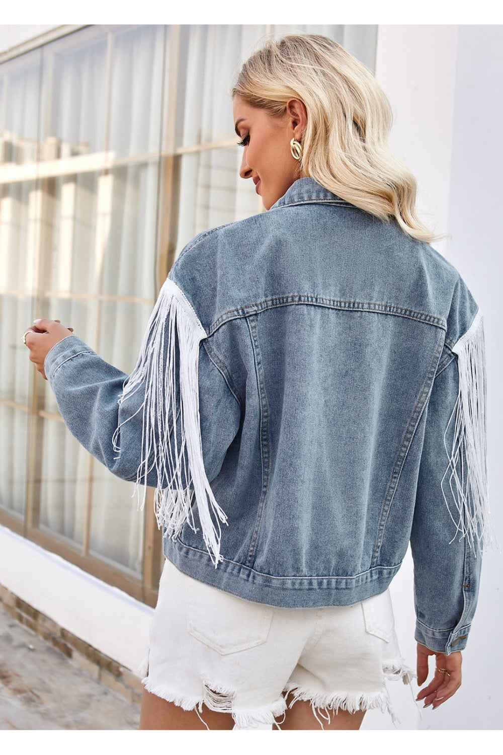 Tassel Button Up Dropped Shoulder Denim Jacket - Denim Jackets - FITGGINS