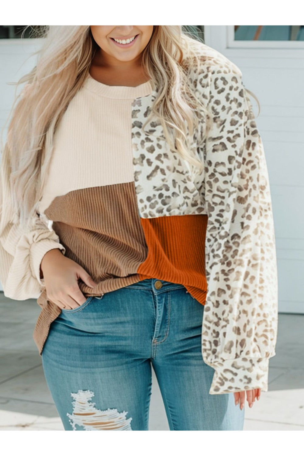 Plus Size Color Block Leopard Round Neck Top - Blouses - FITGGINS