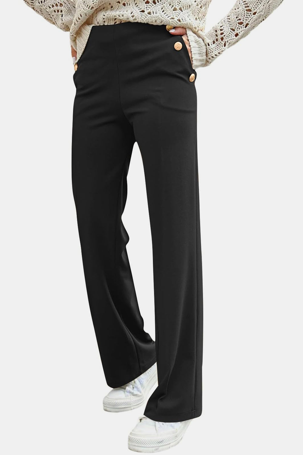 Decorative Button High Rise Pants - Pants - FITGGINS