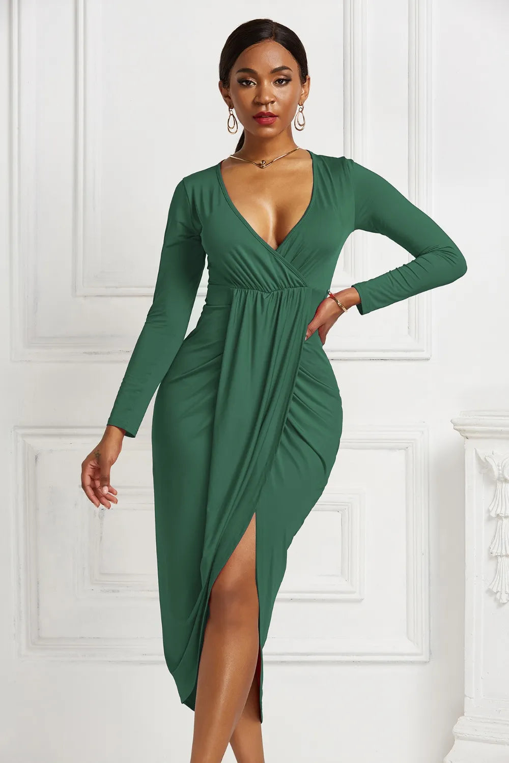 High-low Ruched Surplice Long Sleeve Dress Fitggins