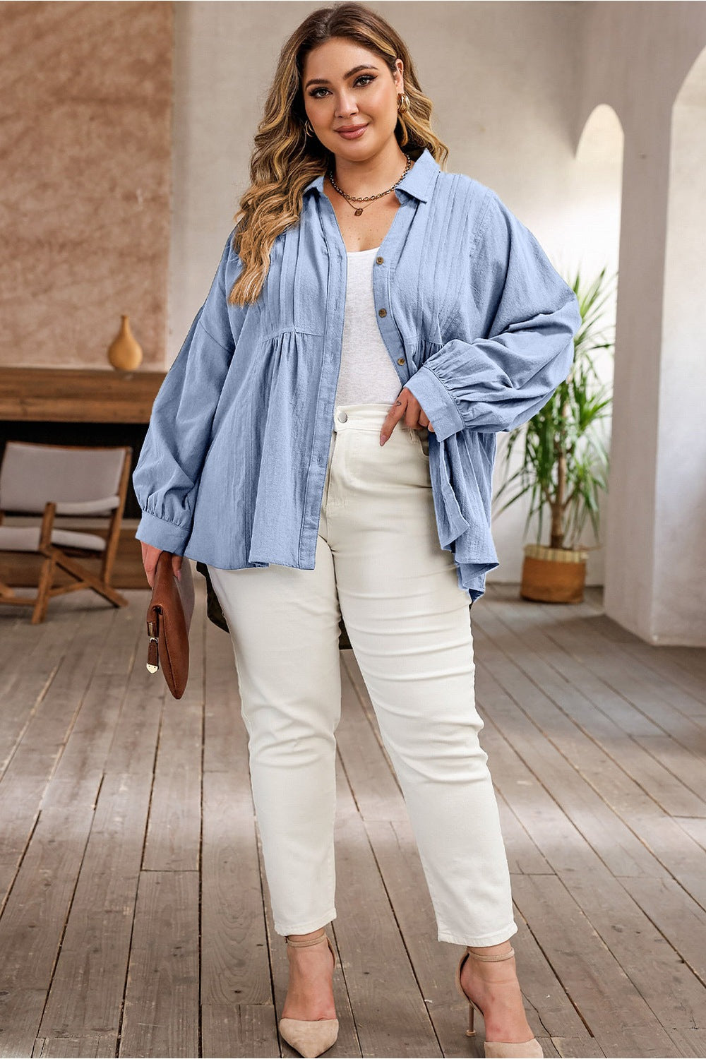 Plus Size High-Low Button Up Dropped Shoulder Shirt - Shirts - FITGGINS