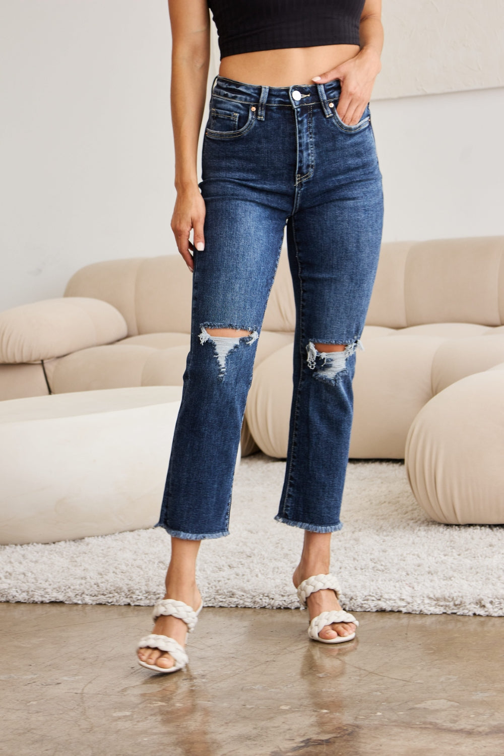 RFM Crop Dylan Full Size Tummy Control Distressed High Waist Raw Hem Jeans - Jeans - FITGGINS