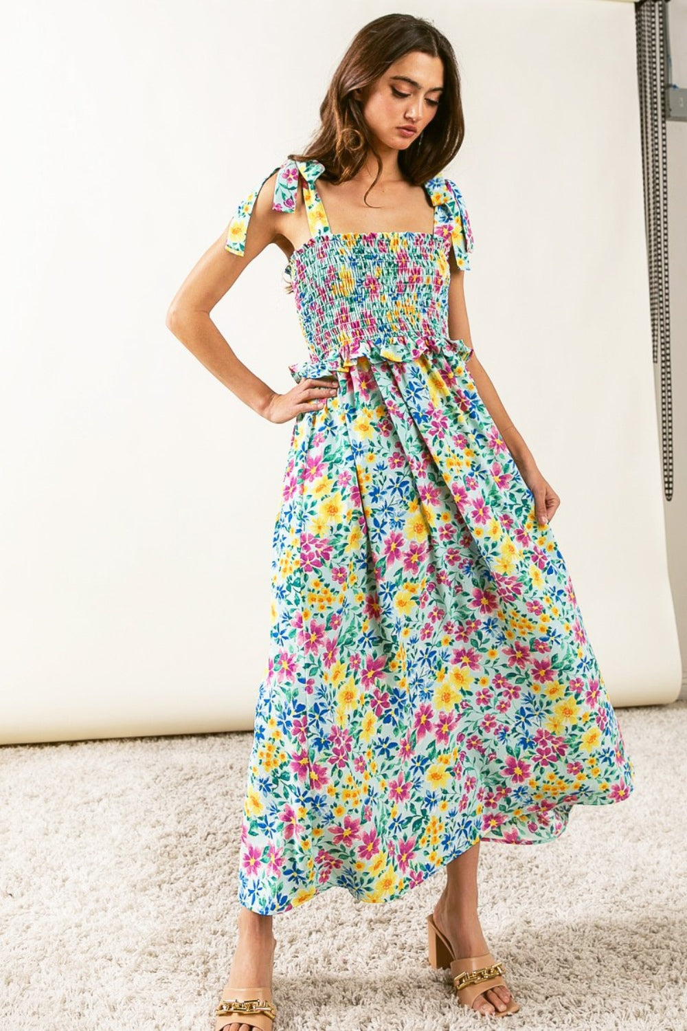 BiBi Floral Ruffle Trim Smocked Cami Dress - Casual & Maxi Dresses - FITGGINS