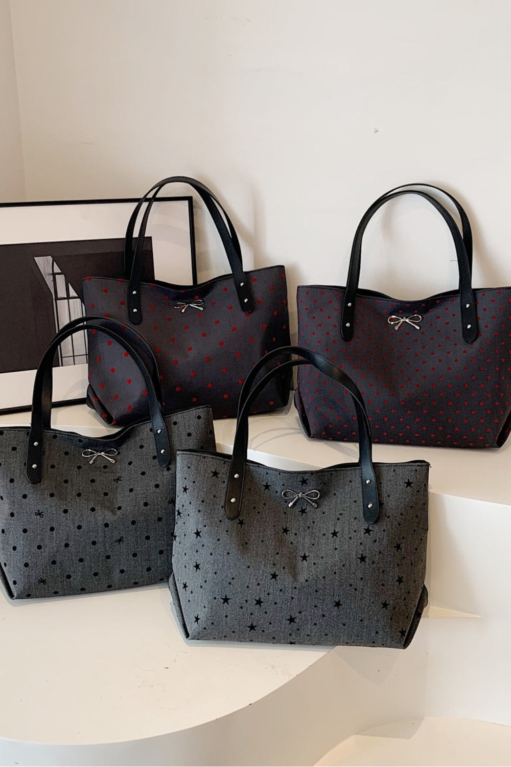 Polyester Bow Polka Dot Tote Bag - Handbag - FITGGINS