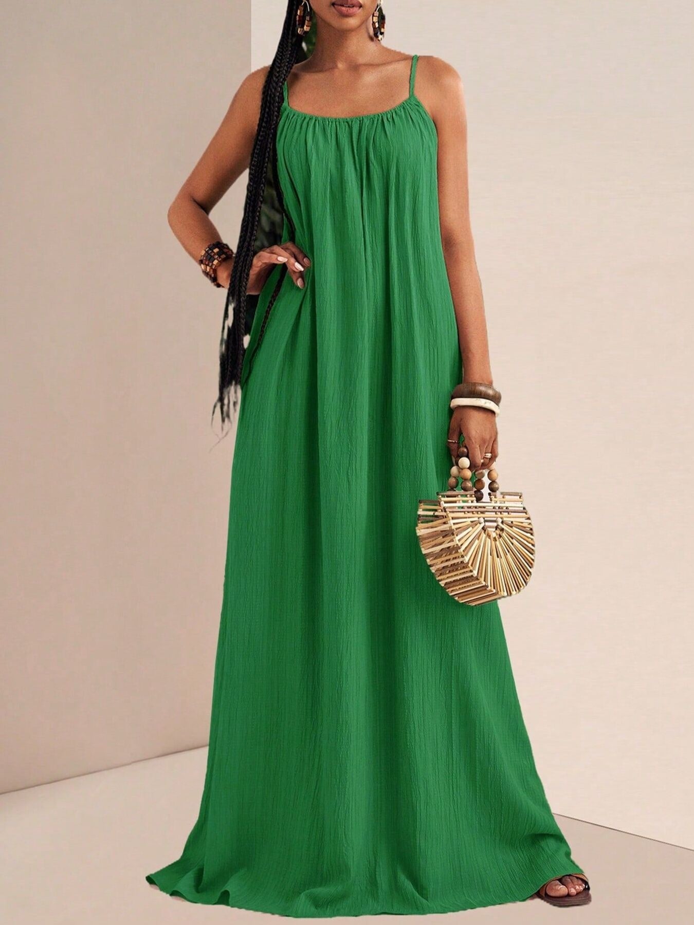 Spaghetti Strap Flowy Maxi Dress Green Fitggins
