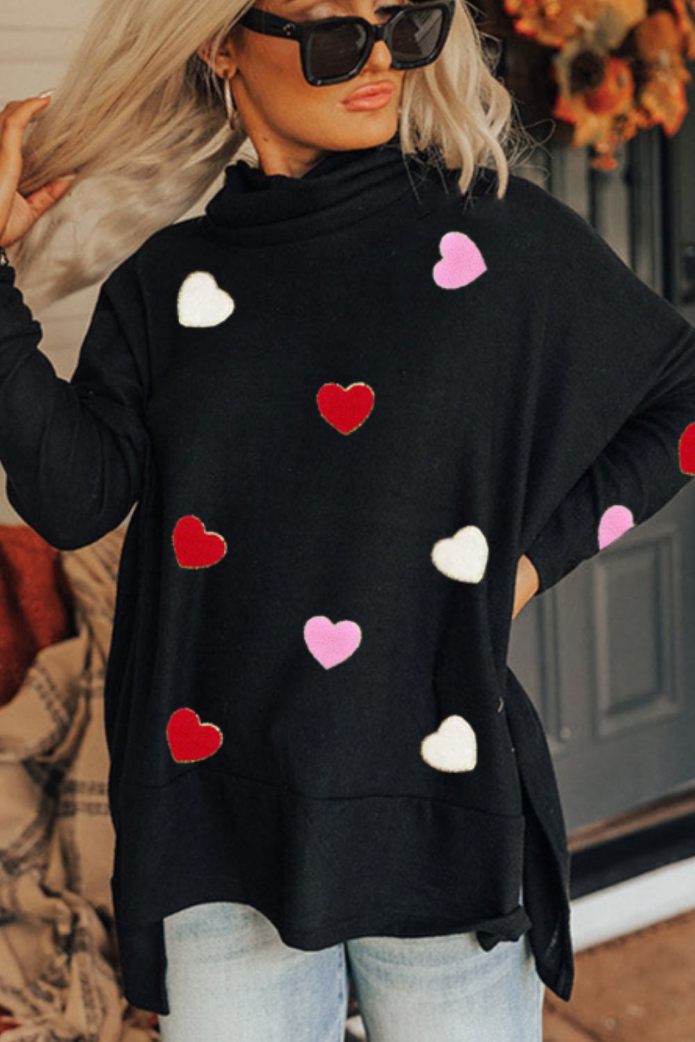 Valentine’s Day Heart Patched Turtleneck Long Sleeve Top - Sweatshirts & Hoodies - FITGGINS