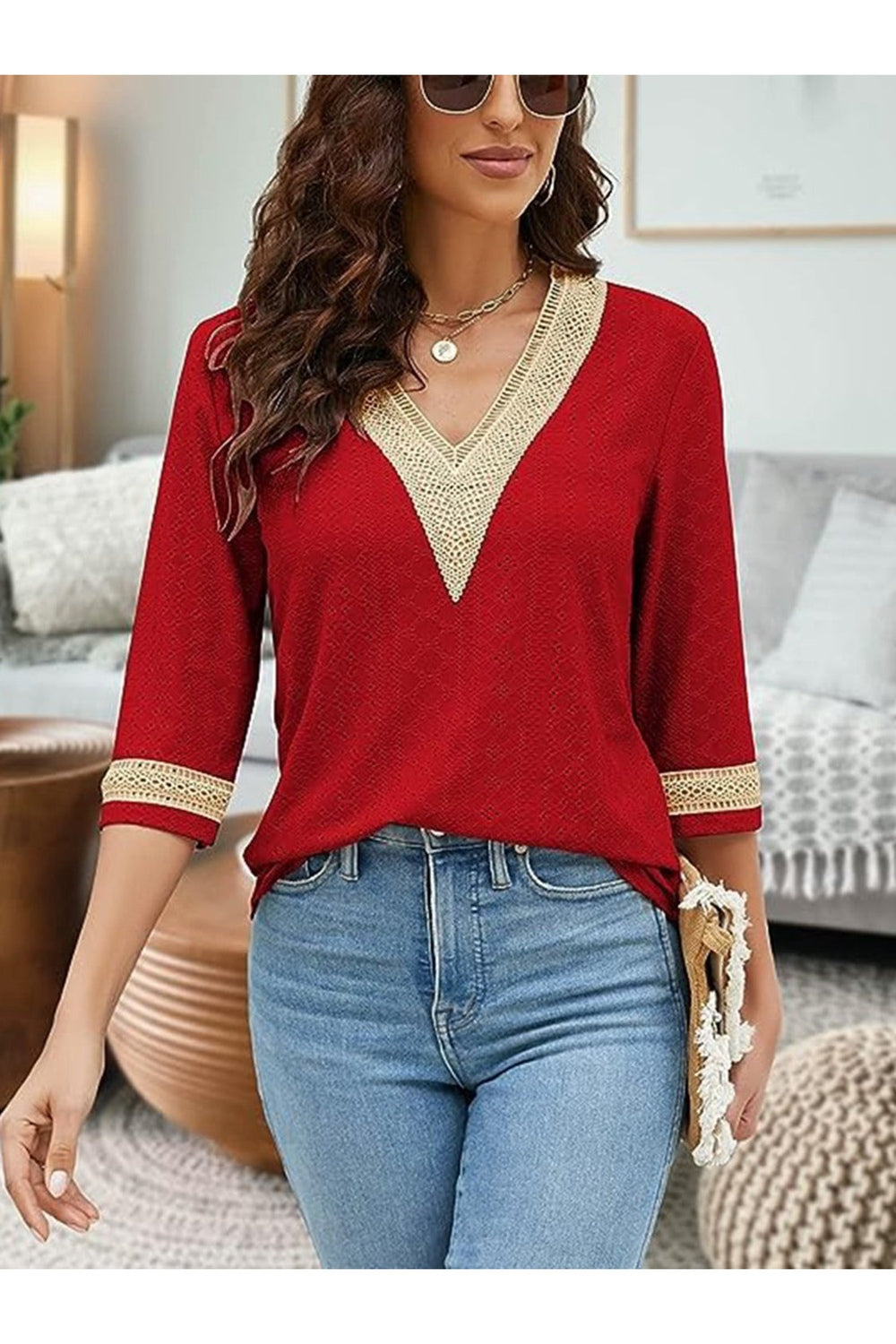 V-Neck Eyelet Blouse - Blouses - FITGGINS