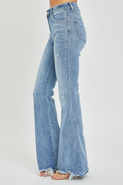 Risen Full Size High Rise Frayed Hem Flare Jeans - Jeans - FITGGINS