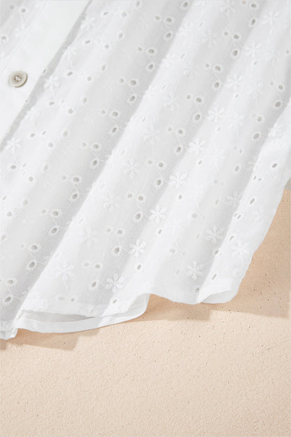 Embroidered Eyelet Collared Long Sleeve Shirt Fitggins