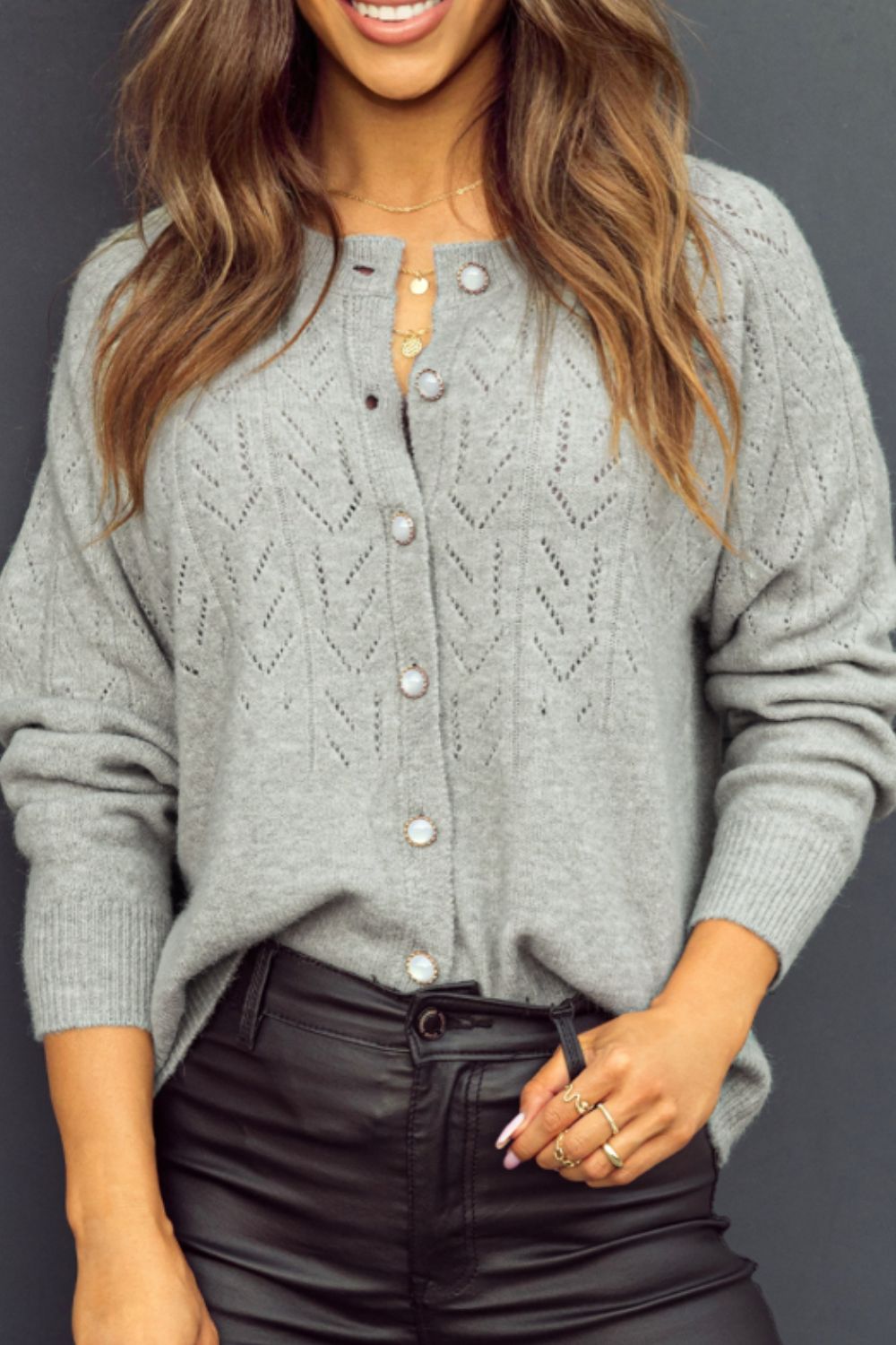 Openwork Button Down Long Sleeve Cardigan - Cardigans - FITGGINS