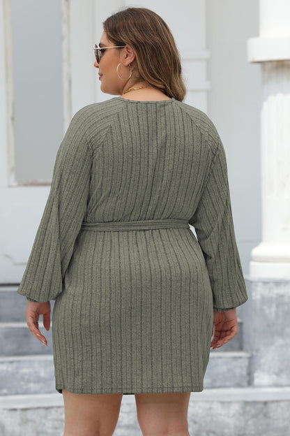 Plus Size Ribbed Tie Front Long Sleeve Sweater Dress - Sweater Dresses - FITGGINS