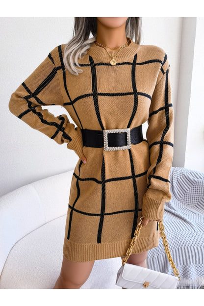 Plaid Round Neck Dropped Shoulder Sweater Dress - Sweater Dresses - FITGGINS