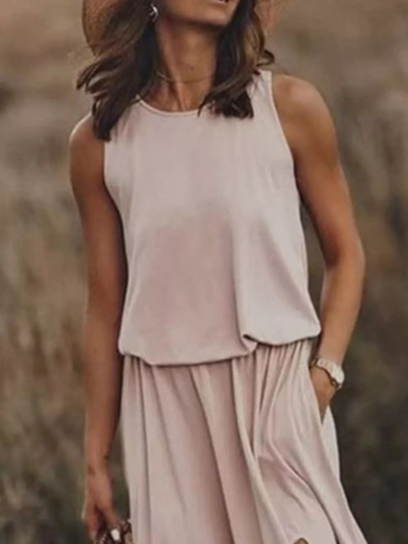 Full Size Round Neck Sleeveless Slit Maxi Dress Plus Size Fitggins