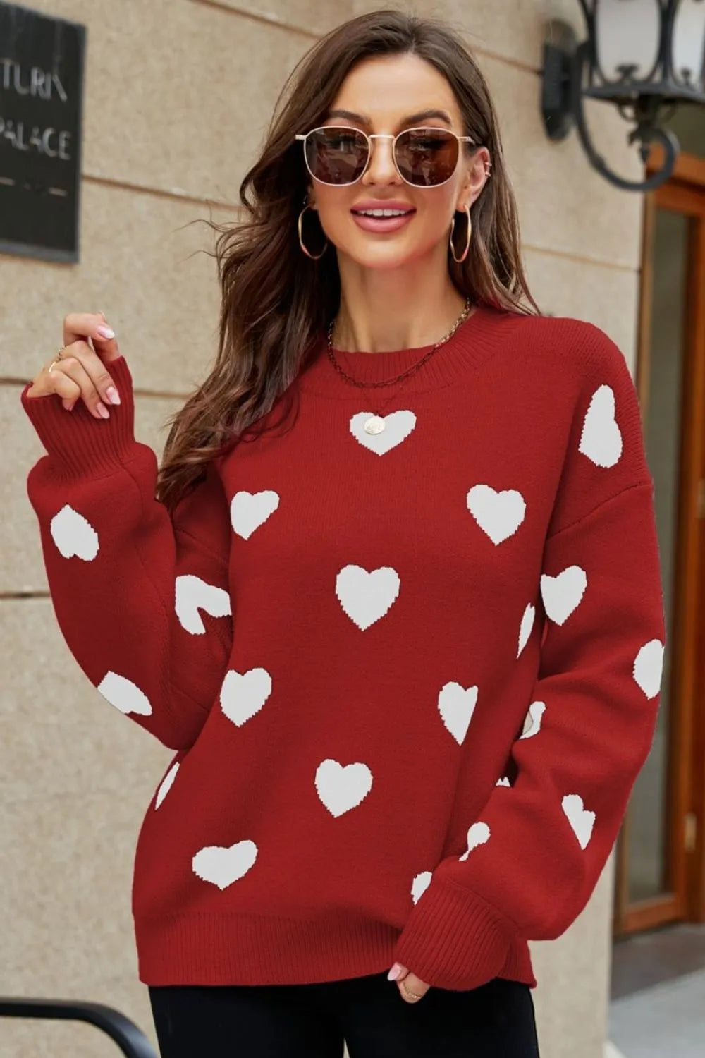 Woven Right Heart Pattern Lantern Sleeve Round Neck Tunic Sweater Red Fitggins