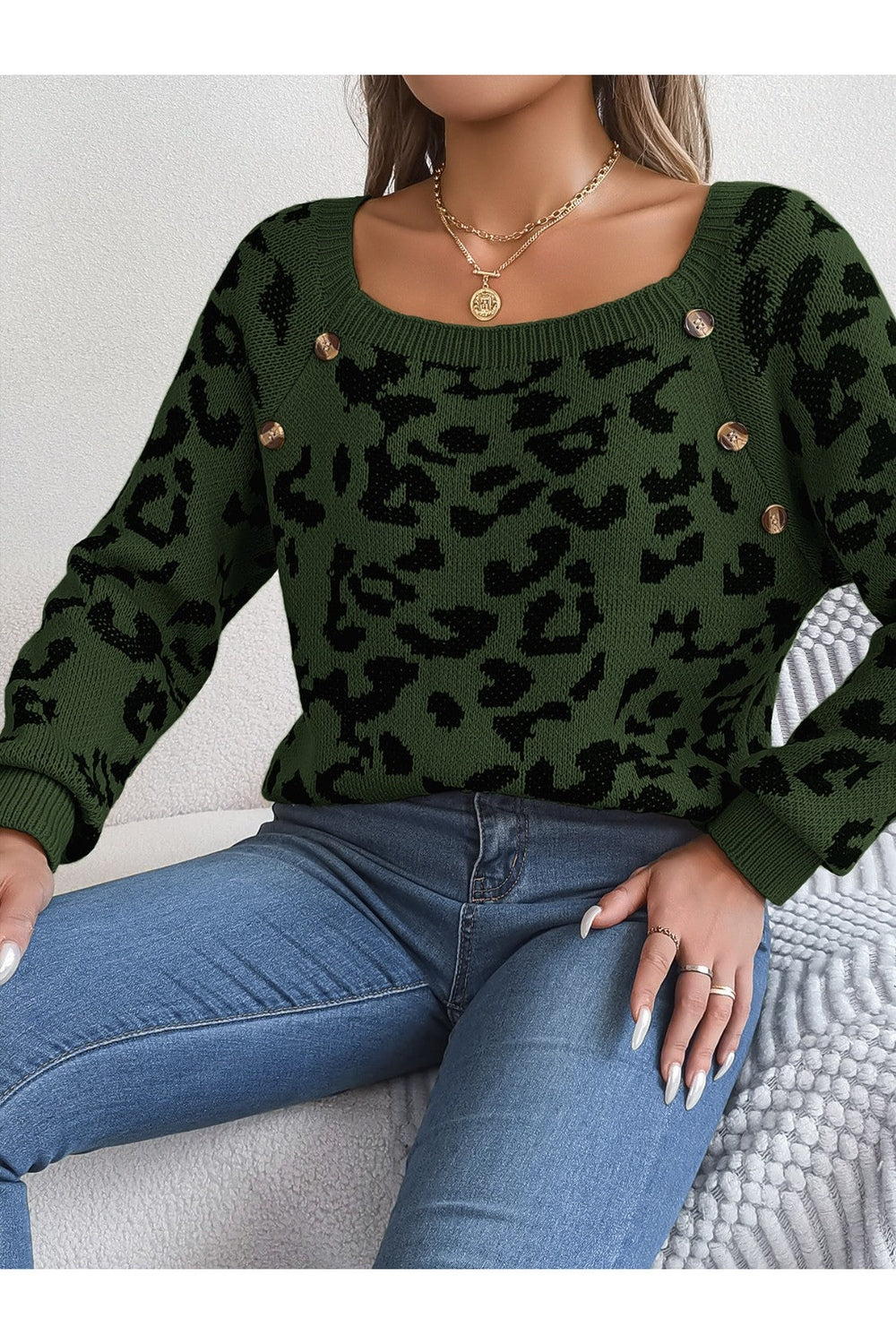 Leopard Buttoned Square Neck Sweater - Pullover Sweaters - FITGGINS