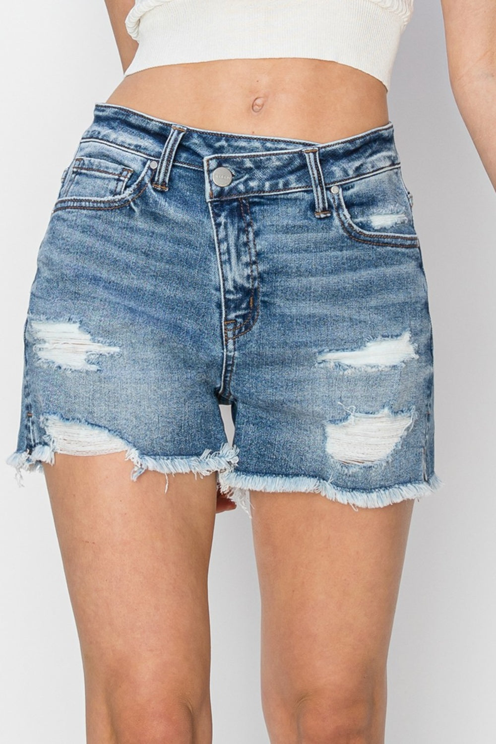 RISEN Stepped Waist Frayed Denim Shorts - Denim Shorts - FITGGINS