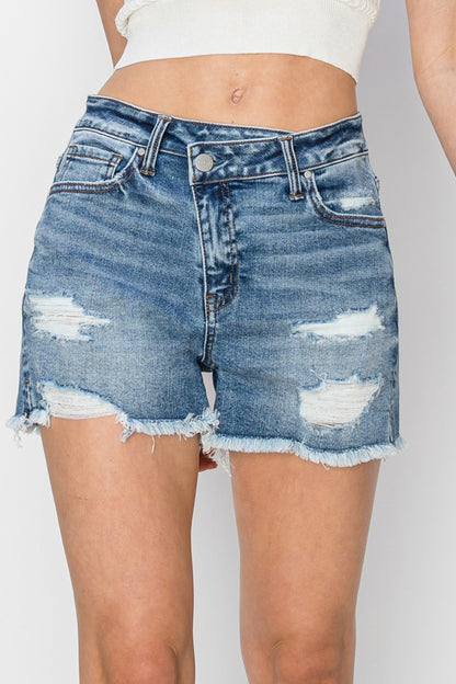 RISEN Stepped Waist Frayed Denim Shorts - Denim Shorts - FITGGINS