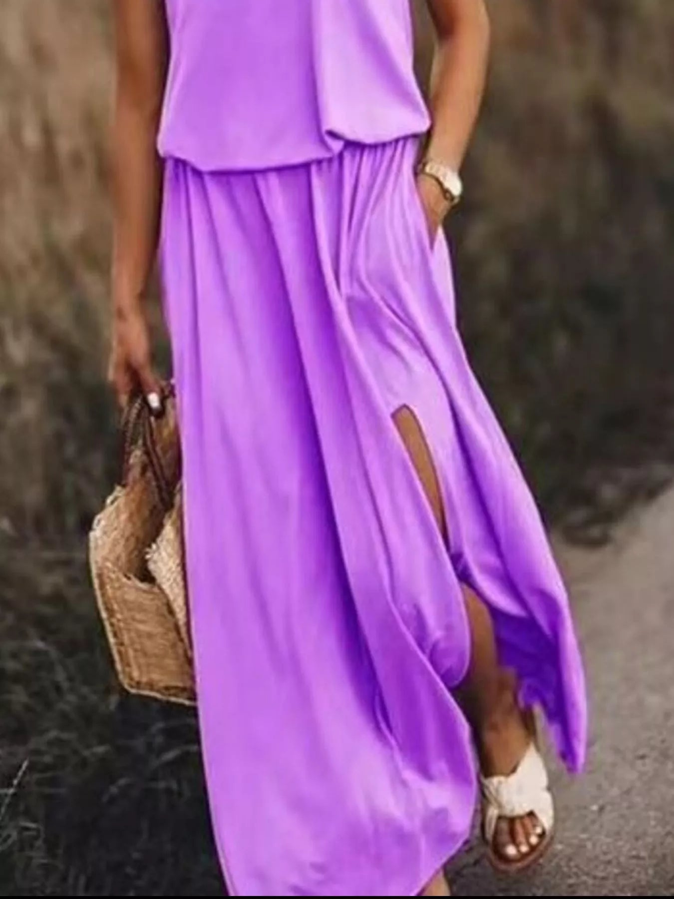 Full Size Round Neck Sleeveless Slit Maxi Dress Plus Size Fitggins