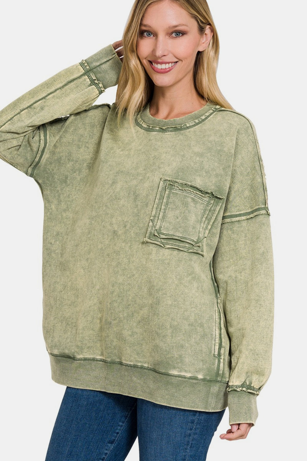 Zenana Exposed Seam Round Neck Dropped Shoulder Sweatshirt - Sweatshirts & Hoodies - FITGGINS