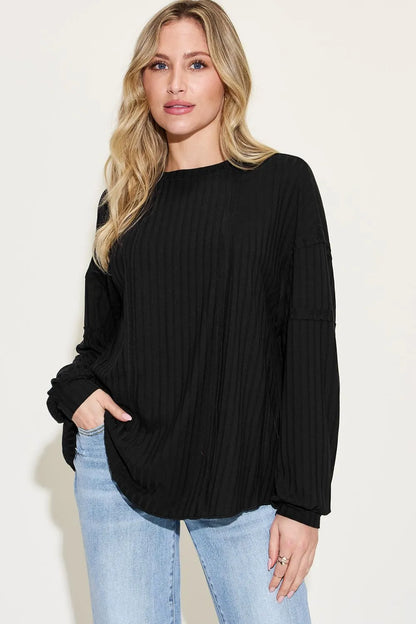 Basic Bae Full Size Ribbed Round Neck Long Sleeve T-Shirt Black Fitggins