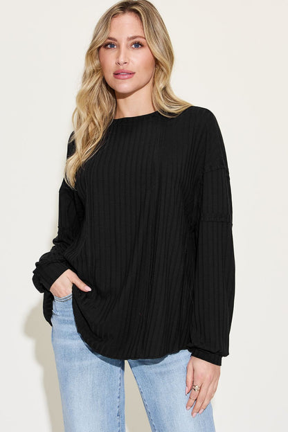 Basic Bae Full Size Ribbed Round Neck Long Sleeve T-Shirt - T-Shirts - FITGGINS