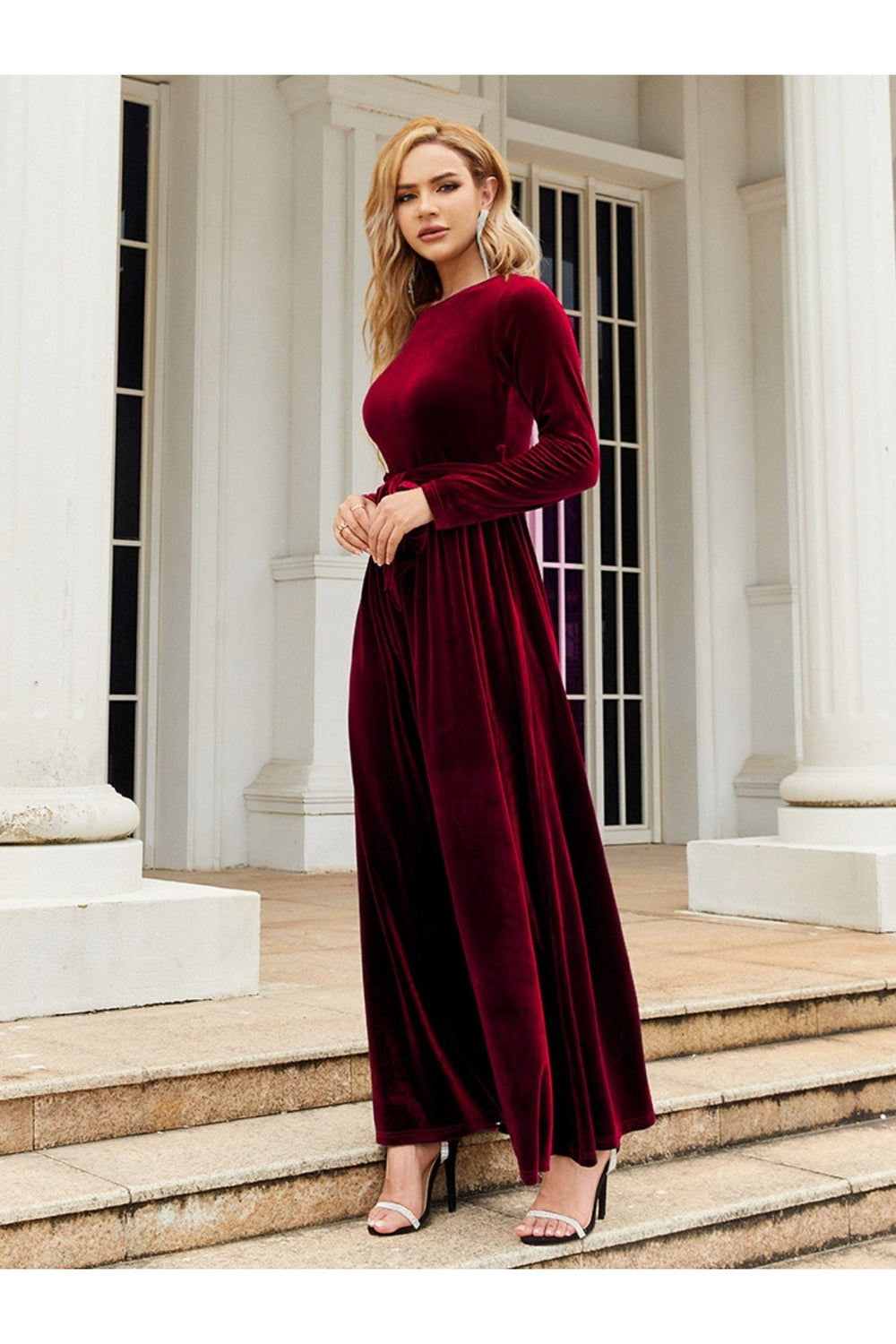 Tie Front Round Neck Long Sleeve Maxi Dress - - FITGGINS