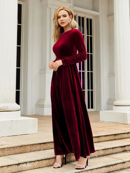 Tie Front Round Neck Long Sleeve Maxi Dress Fitggins