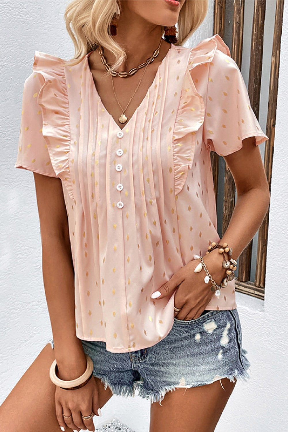 Perfee Printed Ruffle Trim Pleated Detail Blouse - Blouses - FITGGINS