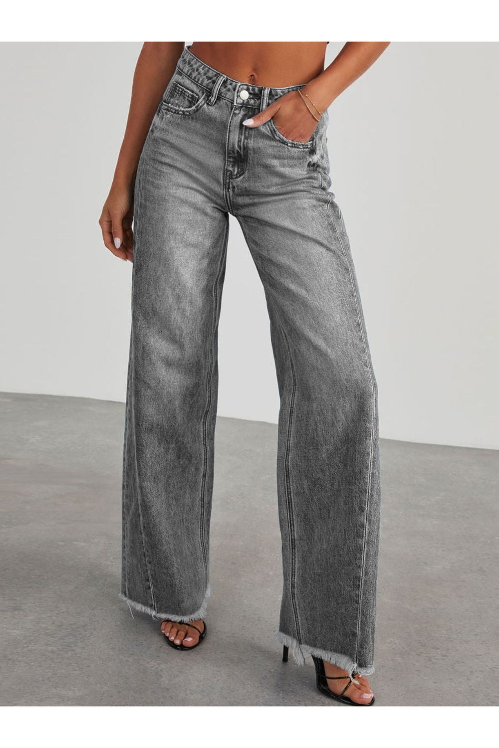 Raw Hem Wide Leg Jeans with Pockets - Jeans - FITGGINS