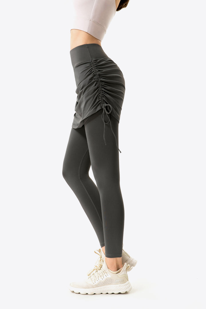 Drawstring Ruched Faux Layered Yoga Leggings - Leggings - FITGGINS
