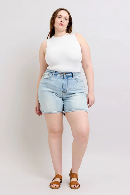 Judy Blue Full Size 2-Button Denim Shorts with Pockets — Plus Size Fitggins