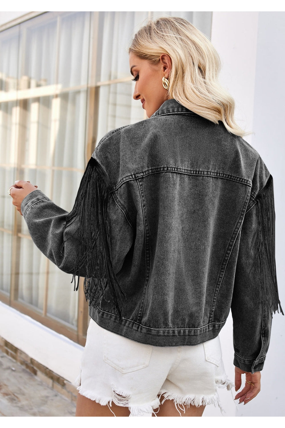 Tassel Button Up Dropped Shoulder Denim Jacket - Denim Jackets - FITGGINS