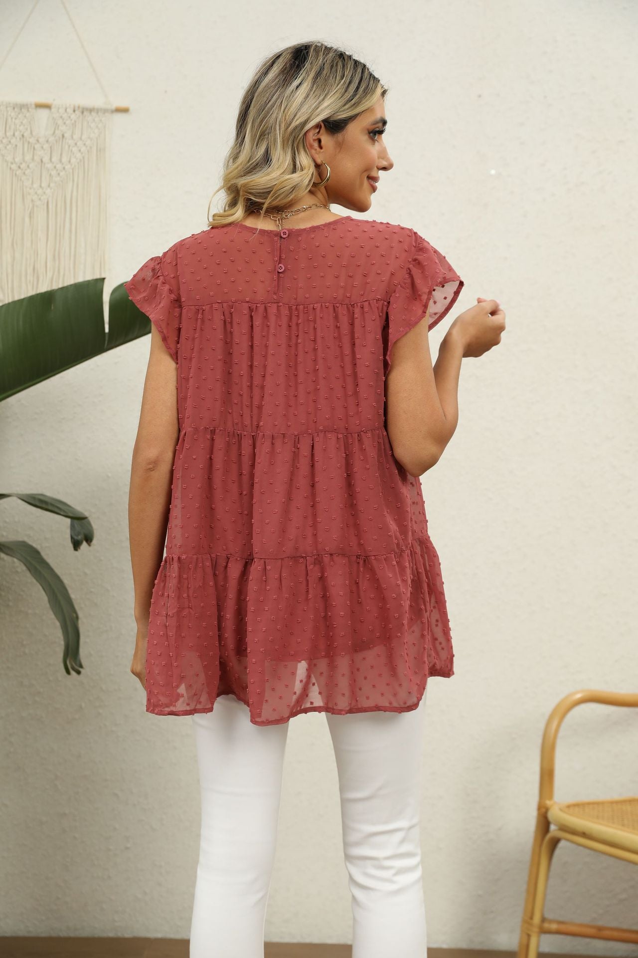 Swiss Dot Round Neck Tiered Blouse Fitggins