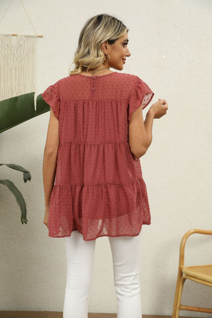 Swiss Dot Round Neck Tiered Blouse Fitggins