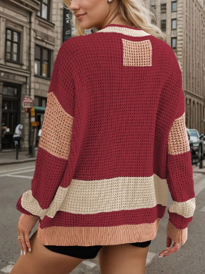 Contrast Button Up Long Sleeve Cardigan Fitggins