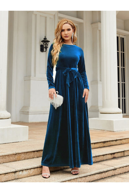 Tie Front Round Neck Long Sleeve Maxi Dress - - FITGGINS