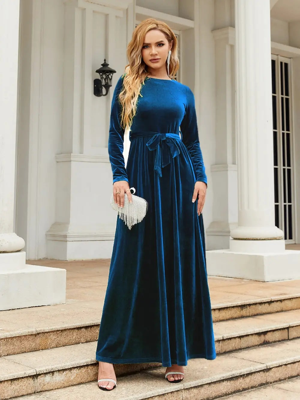 Tie Front Round Neck Long Sleeve Maxi Dress Fitggins