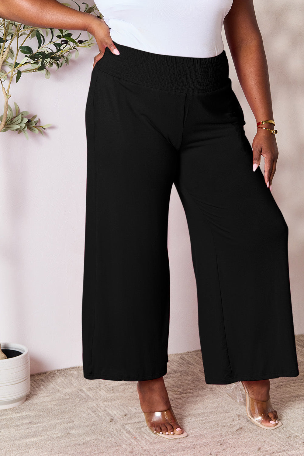 Double Take Full Size Smocked Wide Waistband Wide Leg Pants - Pants - FITGGINS