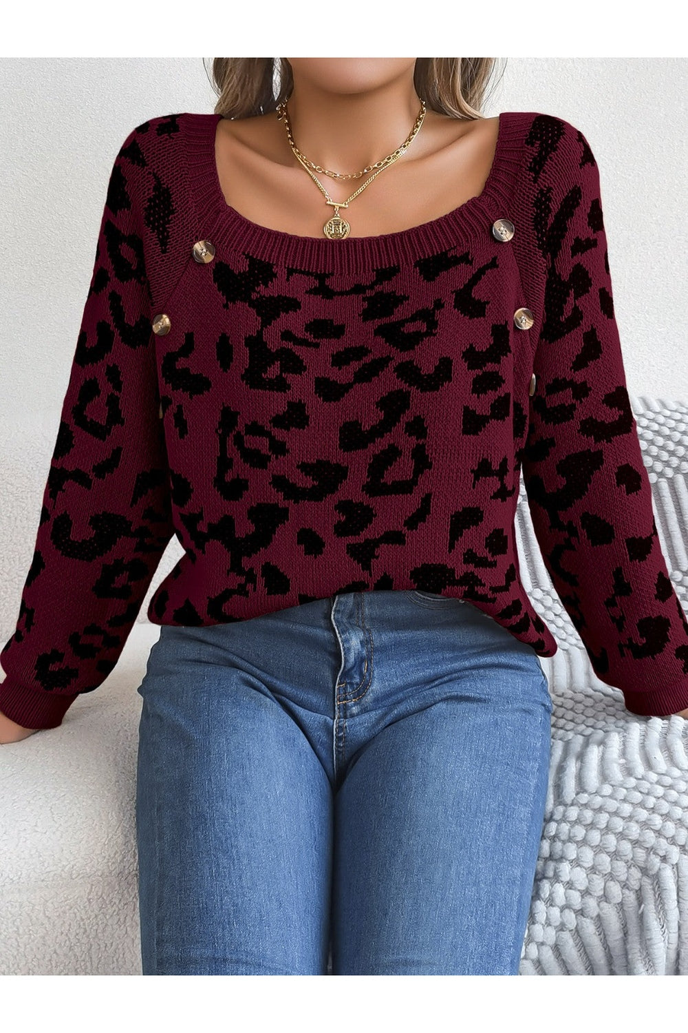 Leopard Buttoned Square Neck Sweater - Pullover Sweaters - FITGGINS