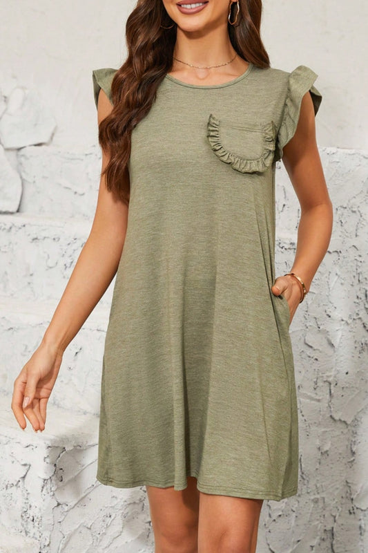 Pocketed Ruffled Cap Sleeve Mini Dress - Casual & Maxi Dresses - FITGGINS