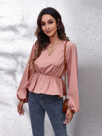V-Neck Balloon Sleeve Peplum Blouse Dusty Pink Fitggins