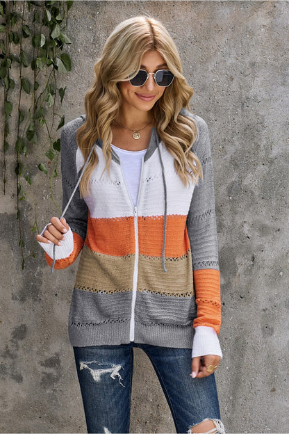 Zip-Up Raglan Sleeve Openwork Hooded Cardigan - Sweatshirts & Hoodies - FITGGINS