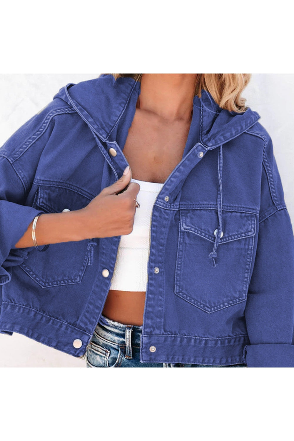 Hooded Dropped Shoulder Denim Jacket - Denim Jackets - FITGGINS