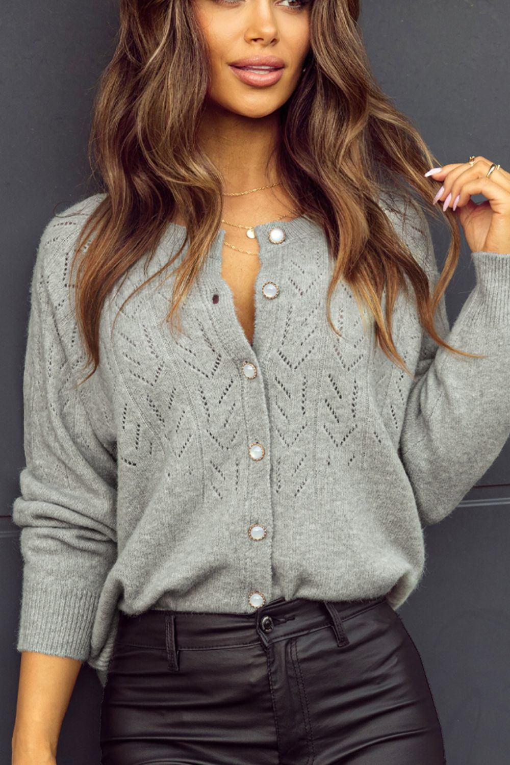 Openwork Button Down Long Sleeve Cardigan - Cardigans - FITGGINS