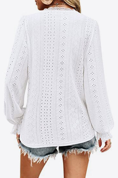Eyelet V-Neck Flounce Sleeve Blouse Fitggins