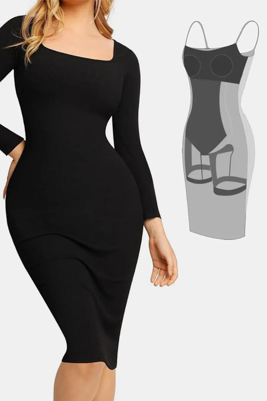 Basic Bae Full Size Built-In Shapewear Square Neck Long Sleeve Dress Black Fitggins