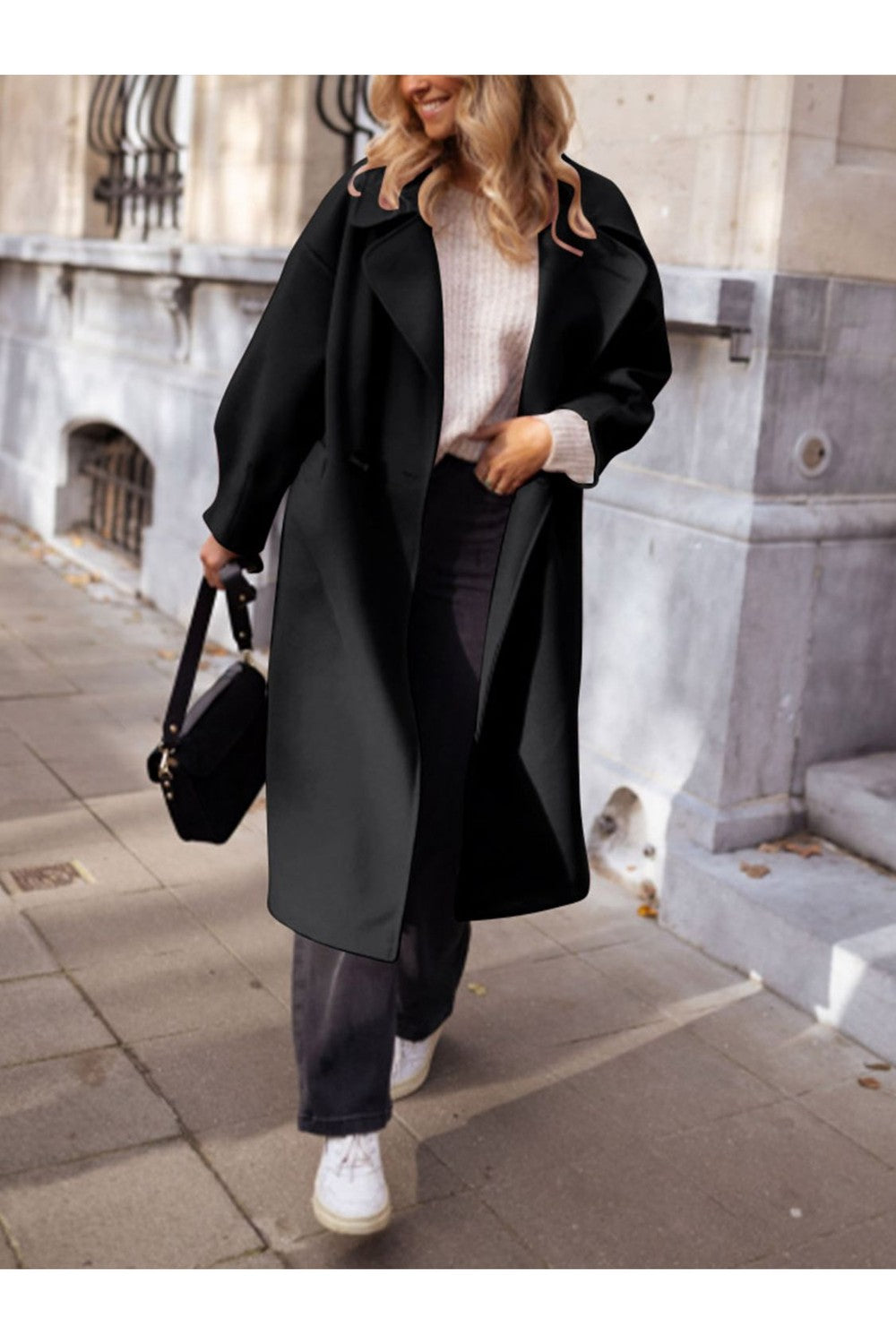 Pocketed Collared Neck Long Sleeve Coat - Jackets - FITGGINS