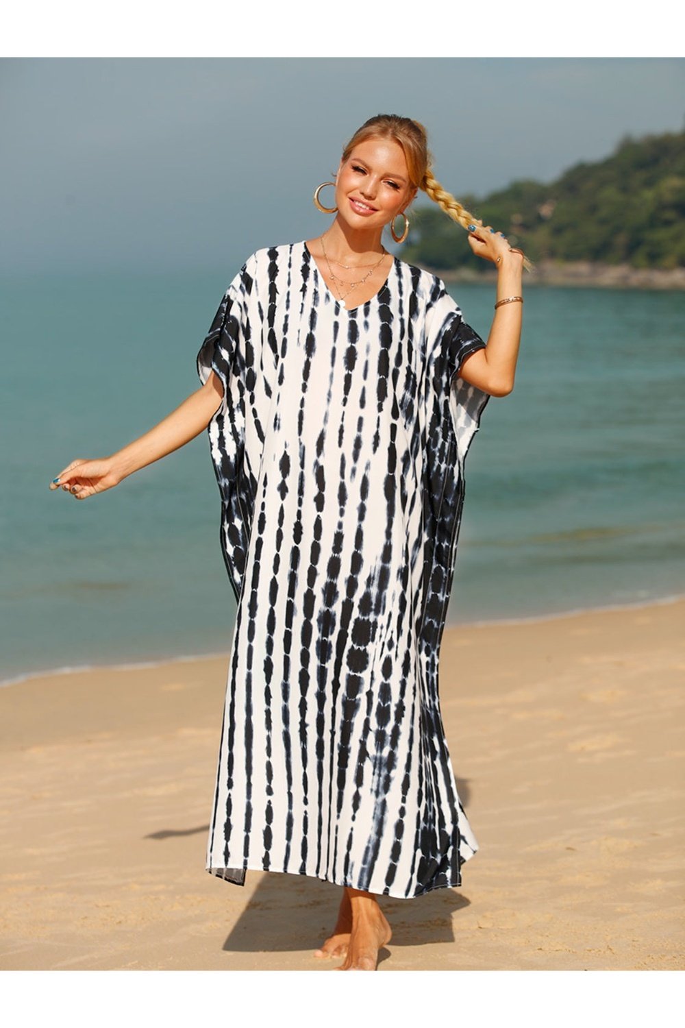 Tie-Dye V-Neck Half Sleeve Cover-Up - Cover-Ups - FITGGINS